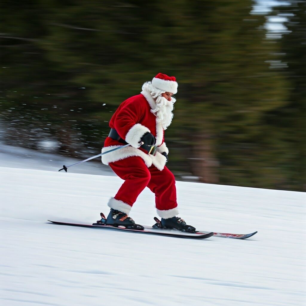 Santa Skis Featured image showing Santa skiing at Tahoe Donner Ski Resort